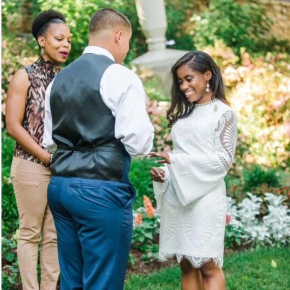 White Lace Detail Bell Sleeve Bohemian Mini Dress - Picture 14 of 16